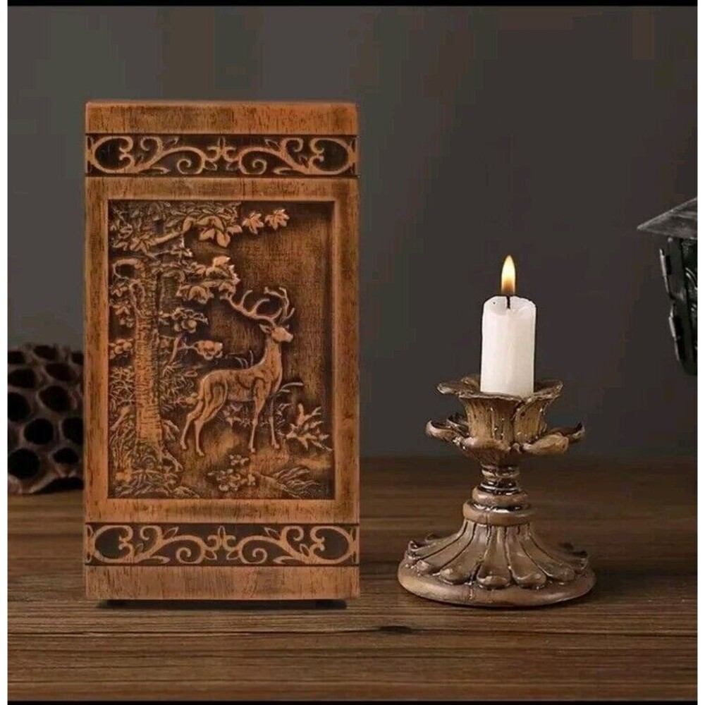 Pine Wood Cremation Urn for Nature Lover Intricate Carved Deer Nature Scene